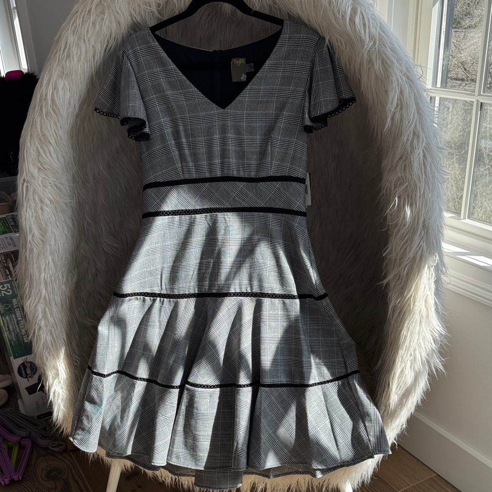 Taylor Blk/Ivory Plaid Fit-and-Flare Dress with Black Trim